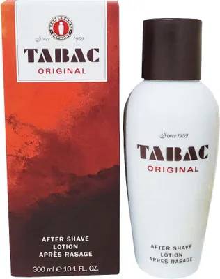 A bottle of Tabac Original After Shave Lotion and its packaging.