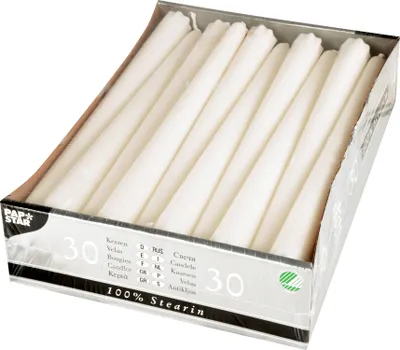 Produktbild von 30 Papstar Leuchterkerzen Ø 2,2 cm, 24 cm weiss aus 100 % Stearin 85567