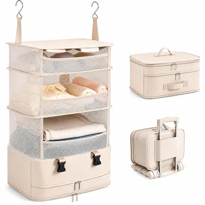 Produktbild von Hängeorganizer Kleiderschrank, faltbares Hängeregal mit Reißverschluss und großem Haken, platzsparender Stoff Organizer für Kleidung, Studenten, Schlafzimmer und Reise