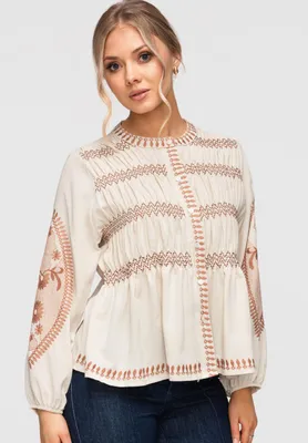 Produktbild von LARICA Damen Bluse mit Stickerei und Knopfleiste im Boho-Stil OW-SH-E0040 beige M