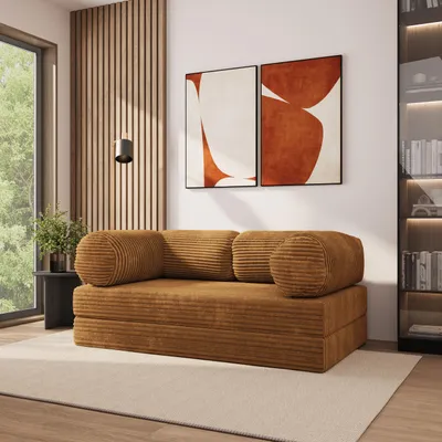 Produktbild von Masseno Schaumstoffsofa ALVIO mit Schlaffunktion, Schlafsofa, Wohnzimmersofa, Couch, Sofa, Bettsofa, Kordstoff – Orange TILIA 56