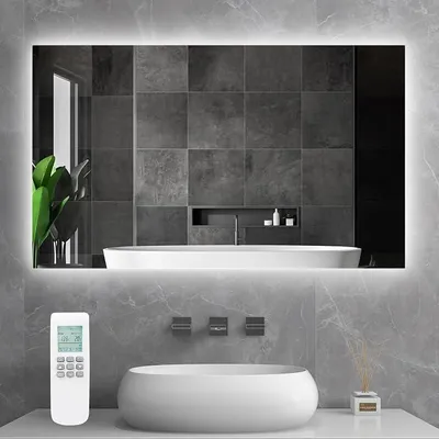 Zdjęcie produktu dla Ogrzewacz podczerwieni z lustrem i termostatem, 580 W - Lustro z ogrzewaniem podczerwieni i oświetleniem LED - Podgrzewana podczerwienią ścianka z pilotem, ogrzewanie elektryczne - Lustro do łazienki, 100x60 cm