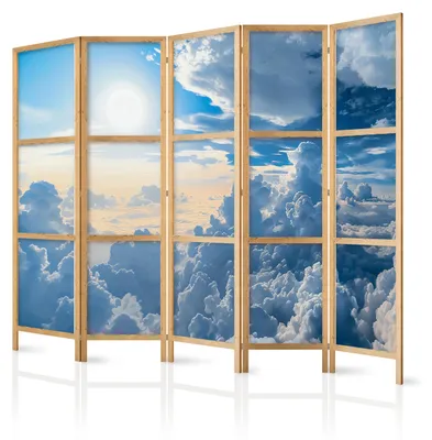 Immagine prodotto di Pannello divisorio giapponese, 5 ante, pieghevole, realizzato in tessuto non tessuto di alta qualità, motivo "nuvole e sole", ideale per la camera da letto, dimensioni 225 cm x 172 cm