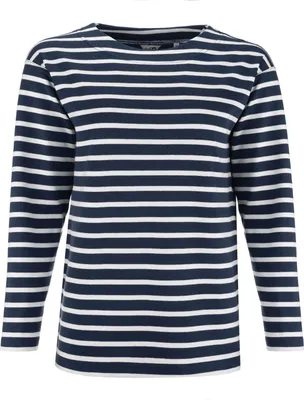 Produktbild von modAS Damen Shirt Bretonisches Damenshirt mit U-Boot Ausschnitt - Ringelshirt Streifenshirt Langarmshirt mit Streifen aus Baumwolle in Blaumeliert-Weiß Größe 50