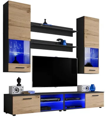 Obrázek produktu pro Extreme Furniture Vida | Nábytek Do Obývacího Pokoje Se 2 Tv Skříňkami, 2 Vitrínami A 2 Policemi Černý Korpus A Čela Wotan