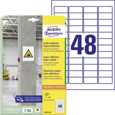 Produktbild von Avery Zweckform L7873-20 Stark haftende Papier-Etiketten, 45,7 x 21,2 mm, 20 Bogen/960 Etiketten, weiß