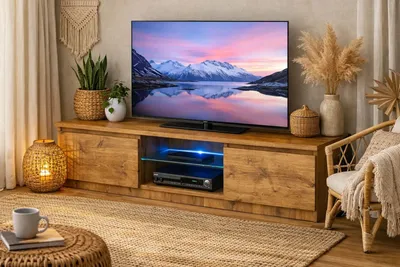 Image de Meuble TV 140 cm, chêne LanceLot, éclairage LED, épaisseur 18 mm, mécanisme de fermeture silencieux