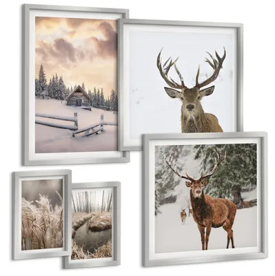 Produktbild von Bilder Set 5-teilig im silbergerahmten Rahmen – Wandbilder 5 Stück – gerahmte Poster für Wohnzimmer, Schlafzimmer und Flur – 50x50 cm - 40x60 cm – Winterlandschaft mit Hirschen