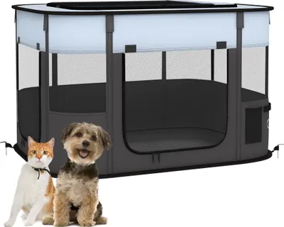 Image de PawHut Parc pour chien en tissu Oxford, parc chiot, enclos extérieur pour animaux, avec poches de rangement, enclos pliable pour chiens chiots, 84 x 64 x 53 cm, gris et noir