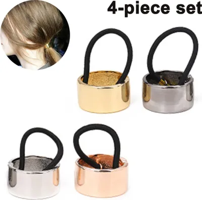 Produktbild von 4 Stück Haargummis mit kreisförmigen Pferdeschwanzhaltern aus Metall, goldene Manschette, Metall-Haarband, Haarseil, elastische Haarspange, Haarhalter, dicke Haarringe, Kopfbedeckung, modischer Haar-Accessoires für Damen