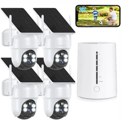 Produktbild von 2K Überwachungskamera Aussen Solar Akku 4 Cam-Kit & HomeBase Keine Gebühren 360° Panorama Kabellose Kamera Farb-Nachtsicht 2 Wege Audio