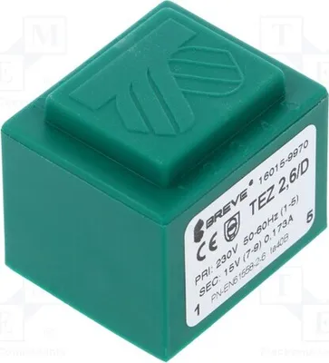 Immagine prodotto di 1 trasformatore: rivestito, 2,6 VA, 15V, 230VAC, 173mA. Montaggio: TEZ2.6/D230/15V, tipo TA40