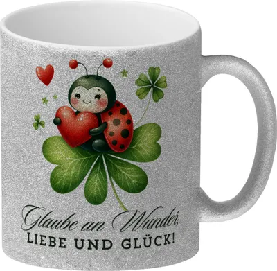 Produktbild von Marienkäfer Glitzer-Kaffeebecher mit Spruch Glaube an Wunder, Liebe und Glück!