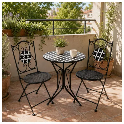 Produktbild von Sitzgruppe Metall schwarz Black and White Tisch mit 2 Stühlen Balkon Set