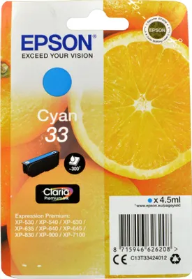 Produktbild von Epson Oranges Singlepack Cyan 33 Claria Premium Ink, Standardertrag, Cyan, 4,5 ml, 1 Stück(e), 300 Seiten, Einzelpackung