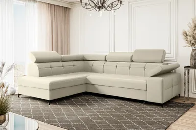 Produktbild von MEBLINI Schlafcouch mit Bettkasten - Ecksofa mit Schlaffunktion - Sofa mit Relaxfunktion und Kopfstützen - Couch L-Form - Eckcouch - Wohnlandschaft - BERGAMO - 274x203x83cm Links - Creme Samt