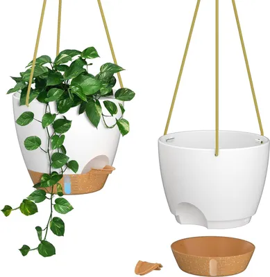 Produktbild von Hängende Pflanzenpotten 25cm mit Bewässerungseinlass - Selbstbewässernde Pflanzenbox - Drainagelöcher und Unterteller - Kunststoff-Blumentopf für Innen und Außen - Weiß - Set von 2