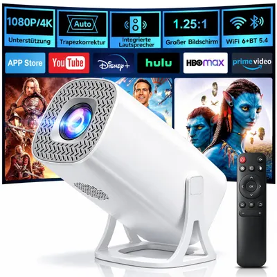 Produktbild von Projektor, Tragbarer Beamer, 4K 1080P Mini Beamer, Trapezkorrektur, 22000L Android 12.0 mit WiFi 6 BT 5.4, All Round-Design, 120 Zoll, 270-Grad-Flip