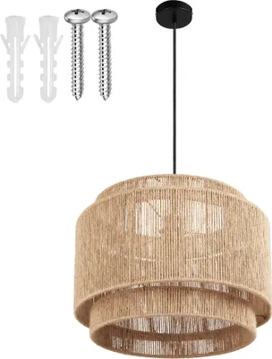 A pendant light fixture and mounting hardware are shown against a white background.