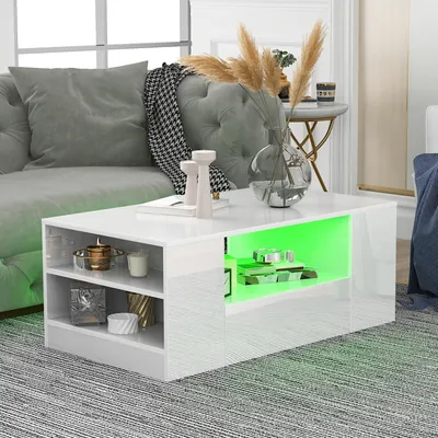 Image de MODFU Table basse 95x53x37 cm Avec 2 Tiroirs, 2 Étagères, Blanc