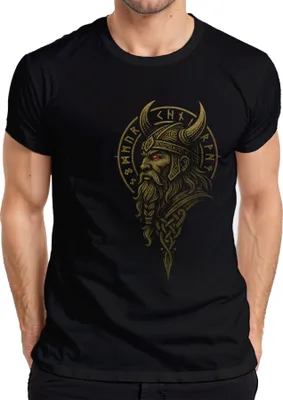 Produktbild von Wikinger Kriegerporträt Runen Helm Odin nordische Mythologie Herren T-Shirt, Schwarz, M
