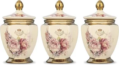 Imagen del producto de Juego de 3 recipientes de cerámica dorada para té, café o azúcar, estilo retro con motivos florales y tapas, herméticos, ideales para almacenar alimentos en casa o en la cocina, también como regalo