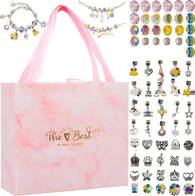 A gift set for making bracelets, including a pink marble patterned box and various charms and beads.