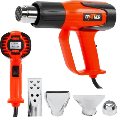 Produktbild von Grafner digitale Heißluftpistole mit LCD Anzeige, 2000 Watt, regulierbar 60 - 600 °C in 10 Grad Schritten, 4 Düsen, 300 – 500 Liter /min wählbar, Entlacken, Schrumpfen, Heißluftgebläse LED Display