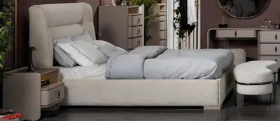 Produktbild von Elegante Beige Schlafzimmer Möbel Polsterbett 2x Nachttische Bank