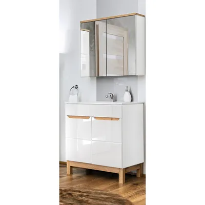 Produktbild von Badmöbel Waschplatz Set inkl. Keramikwaschtisch 60 cm 2-teilig SOLNA-56 Hochglanz weiß inkl. Standfüßen BxHxT ca.: 60 x 200 x 45 cm