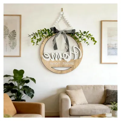 Produktbild von Willkommensschild mit Blumen, Holzdekoration für die Haustür mit rustikalen Perlen, Home Sweet Home Türkranz zum Aufhängen, Boho Türdeko für Innen und Außen, 1-teilig