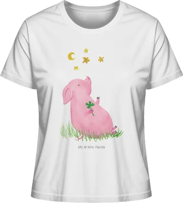 Produktbild von Mr. & Mrs. Panda Baumwoll T-Shirt Damen Schwein Glück Größe S - Weiß - Geschenk, Ziele, Lustige Sprüche, Träume, Shirt, Oberteil, Sterne, Kurzarm, Schweinchen, Motivation