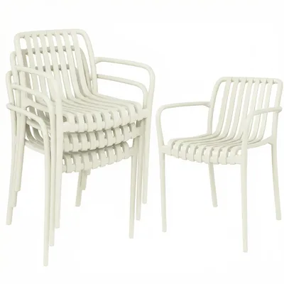 Produktbild von Gartenstühle 4er Set Stapelbare Terrassenstühle mit Lamelldesign Armlehnen, Ergonomisch Cremeweiß