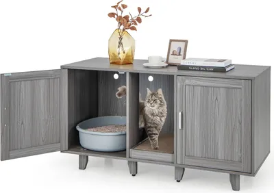Produktbild von GOPLUS 3 in 1 Katzenschrank, Katzentoilette mit 2 Türen & abnehmbaren Beinen & herausnehmbarem Kratzbrett, Beistelltisch für 2 Katzen (Dunkelgrau)