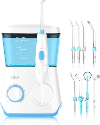 Produktbild von GESS AQUA PRO mit 8 multifunktionalen Aufsteckdüsen, Munddusche für Familienzahnpflege, Mundhygiene für Zahnspangen, gesundes Zahnfleisch, weiß