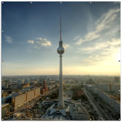 Produktbild von Wallario XXL Outdoor-Poster für Garten oder Balkon, Motiv Fernsehturm Berlin mit Panoramablick über die Stadt, in ca. 200 x 200 cm