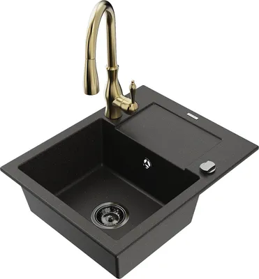 Produktbild von Mexen Enzo 1 Becken-Granitspüle mit Abtropffläche und Mischbatterie Savita, Schwarz/Gold metallisch - 6506-75-672601-50-B