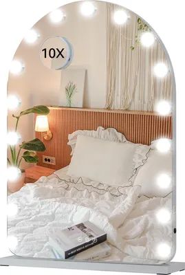 Productafbeelding van Puluomis make-upspiegel Hollywood, 72x50 cm, make-upspiegel met verlichting, 17 LED's, 3 kleuren, dimbaar met USB, 10-voudige vergroting, witte tafelspiegel