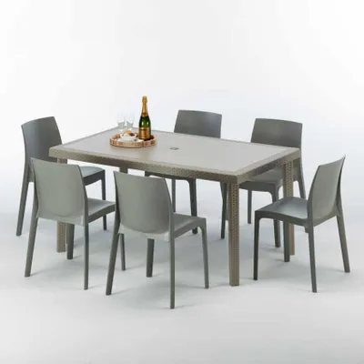Produktbild von Polyrattan Tisch Rechteckig mit 6 Bunten Stühlen 150x90 Beige Marion