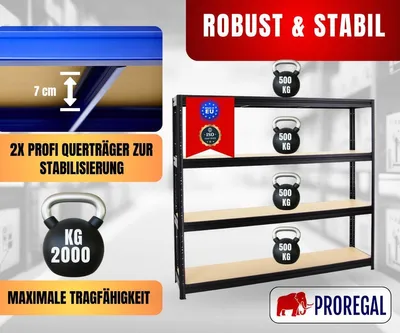 Produktbild von Schwerlastregal DINO | HxBxT 180x200x45cm | 4 MDF-Platten-Ebenen 6,5 mm | Fachlast 500kg | Schwarz