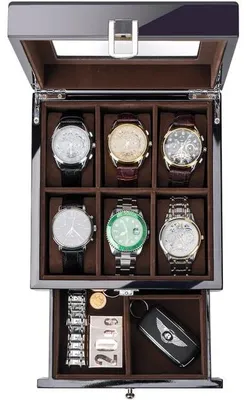 Immagine prodotto di Scatola portaoggetti in legno per orologi da uomo, 6 scomparti, organizer per orologi da uomo con coperchio in vetro, espositore laccato a due strati per orologi – nero