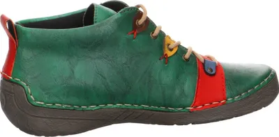 A side view of a single green boot with colorful accents.