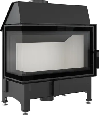 A black steel fireplace insert with a glass door, shown from a three-quarter angle against a white background.