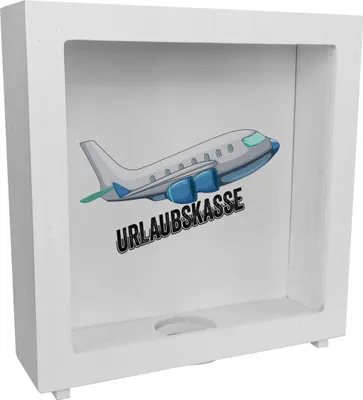 Produktbild von Urlaubskasse Flugzeug Rahmen Spardose aus Holz in weiß