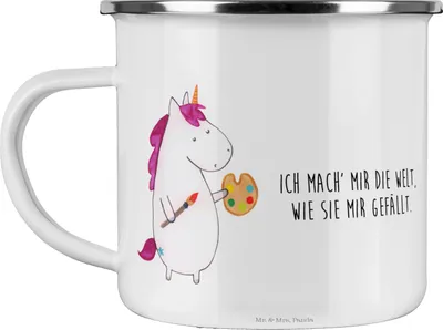 Produktbild von Mr. & Mrs. Panda Teetasse Einhorn Künstler - Weiß - Geschenk, Zeichnen, Stift, Teebecher, Pott, Haferl, Unicorn, Emaille Tasse, Welt, Campingbecher