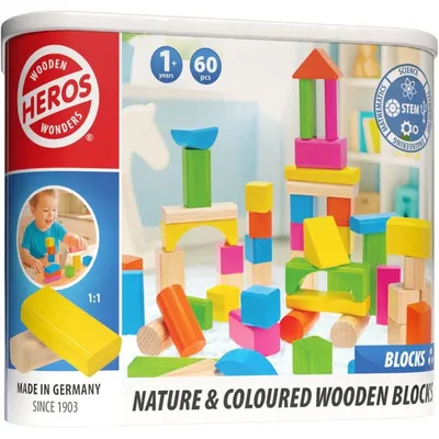 Productafbeelding van Houten, kleurrijke en natuurlijke bouwstenen, 60 stuks - een educatief speelgoed voor kinderen vanaf 1 jaar