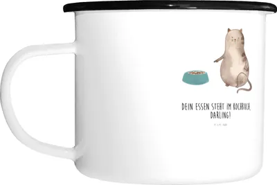 Produktbild von Mr. & Mrs. Panda Teetasse Katze Fressen - Weiß - Geschenk, Metallbecher, Große Tasse, Pott, Haferl, Emaille