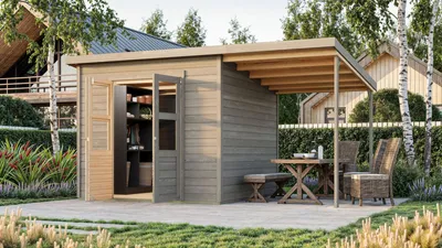 Produktbild von Karibu Gartenhaus Gerätehaus Merseburg 5 mit Anbaudach vorvergraut 400x214x219 cm