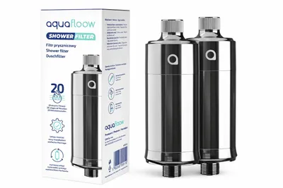 Obrázek produktu pro AquaFloow sprchový filtr stříbrný – 20stupňová filtrace, redukce vápníku a chlóru, univerzální 1/2″ – 2 kusy