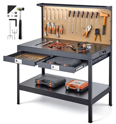 Image de Établi avec panneau perforé / panneau à outils - Table de travail d'atelier - Capacité de charge : 110 kg - Deux tiroirs - Deux compartiments de rangement - Éclairage LED - Multiprise USB intégrée